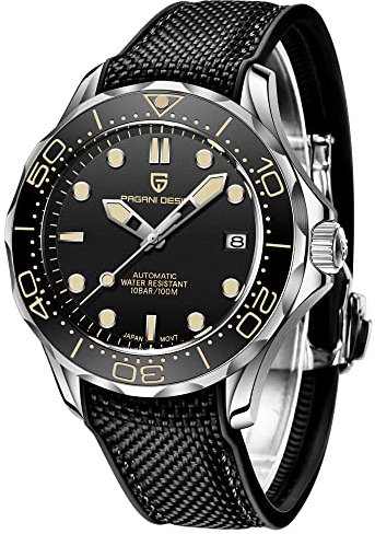 Pagani Design 007-Model 1667 Men's Automatic Watches, NH35 Movement Stianless Steel 100M Waterproof Men Self Winding Wrist Watch (NY Black, Nylon Rubber)