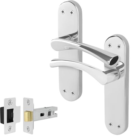 EAI Polished Chrome Door Handles with Latch 64mm - Novoli | Complete Latch Kit with 1 Pair of T-Bar Lever on Backplate Door Handles, 64mm Latch, Fixings Included