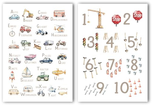 Kinderbild ABC + Zahlen Poster mit Fahrzeugen und Baustellenmotiven | Alphabet | Buchstaben Bild Autos | Lernposter Dekoration Kinderzimmer (ABC + Zahlen Bilder Set)