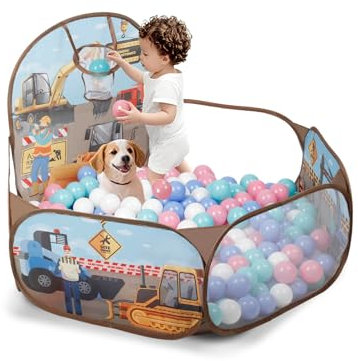 ZimiTeda Vasca Palline per Bambini con Gattini e Cagnolini - con Canestro da Basket, Pieghevole, per Interni/Esterni - 120 cm (Palline Non Incluse) (Excavator)