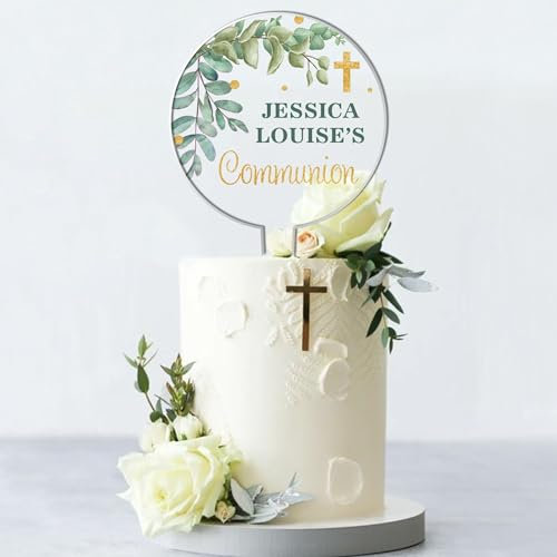 Personalised Religious Cake Topper – Custom Name & Occasion – Christening, Communion or Confirmation – Acrylic Floral Design with Cross – Reusable Printed Cake Decoration (Communion, Eucaliptus)