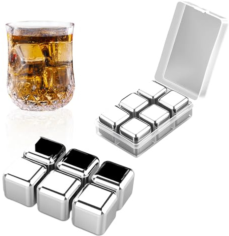 Stainless Steel Whisky Stones, Reusable Metal Ice Cubes, Whiskey Chilling Stones, 304 Metal Chilling Rocks with Quick Freeze Gel, Quick-Freezing Cooling Ice Stones for Drinks with Storage Box (6)
