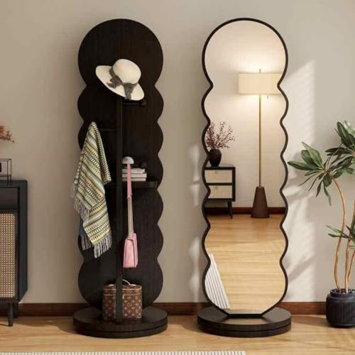 Miroir pleine longueur avec porte-manteau – Miroir rotatif à 360° avec crochets sur pied Idéal pour chambre à coucher et vestiaire Noir 56 x 166 cm