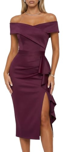 CurvySweet Women's Off the Shoulder Ruched Midi Dress with Built-in Bra | Elegant and flattering fit, hugs all curves, soft and comfortable fabric, for formal events, wedding guest and cocktail party