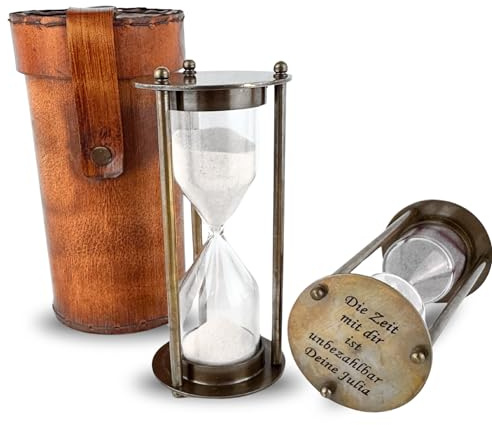 Lasernauten Große Sanduhr mit Gravur Wunschtext personalisiert aus Messing mit Ledertasche tolle Geschenkidee zu Anlässen wie Hochzeit Geburt Taufe