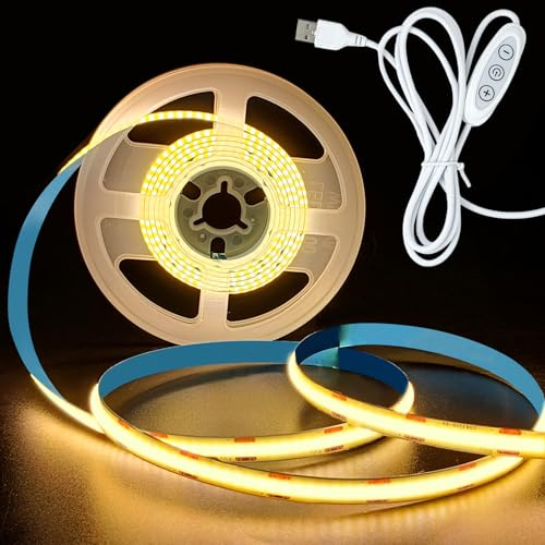HEXJOSGL 5V USB COB LED Streifen Licht Warmweiß 3000K 320LEDs/M 8mm Breite Dimmbar flexible COB LED Tape Lights für TV Schrank Display Regale Spiegel (2M)