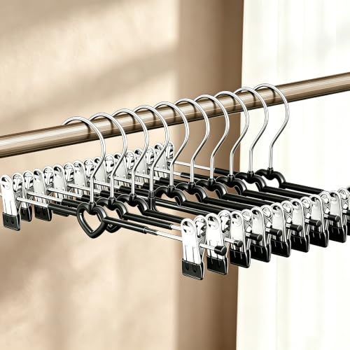 10 Pack Trouser Hangers with Clips |Space Saving Chrome Metal Adult Skirt & Coat Hangers|Strong Clothes Hangers for Trousers Bottoms Jeans Slacks Pants| Non-Slip,30CM