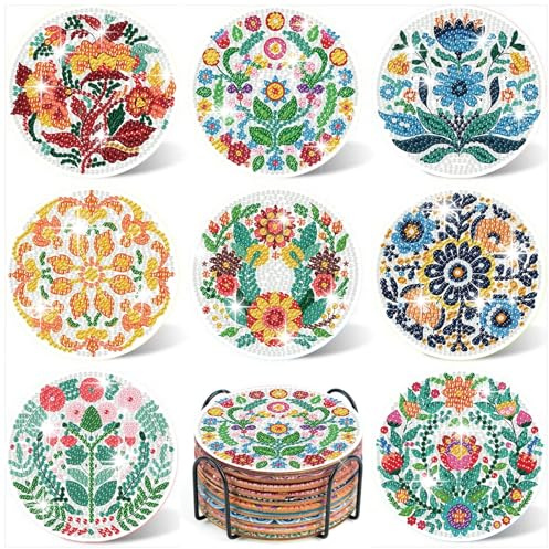 YarnWhimsy Lot de 8 sous-verres de peinture diamant fleur Diamond Painting Adulte Coasters Fleur DIY Cristal Créatif Bricolage Kit Créatif pour Adultes, 10x10cm