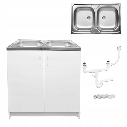 Stamar Möbel Spüle mit Unterschrank 80 cm Weiß Küchenspüle 2-Kammer & Edelstahl-Spülbecken kompakter Spülenunterschrank für Küche, Standschrank 49 cm Tiefe Siphon Montagefertig
