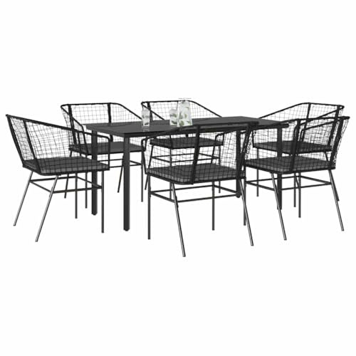 QUAHEAS - Salón de jardín (7 piezas, poliratán negro, mesa de cristal, 160 x 80 cm, resistente a los rayos UV, muebles de exterior, muebles de terraza con cojines, marco de acero recubierto por
