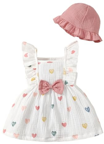 JENJON Conjunto Vestido y Gorro para Niña Pequeña Mangas con Volantes Estampado de Corazones/Flores de Algodón Lino Ropa de Primavera Verano