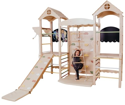 Wood And Hearts Großes Indoor Klettergerüst aus Holz – 2in1 Kletterturm für Kinder 3–8 Jahre, Jungle Gym für Zuhause, Kinderturngerät Indoor, Kletterwand