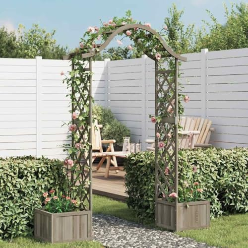 Massbinet Rosenbogen aus Holz Rankhilfe für Kletterpflanzen Pergola Gartenbogen Garten-Pergola mit Blumenkasten Grau Massivholz Tanne