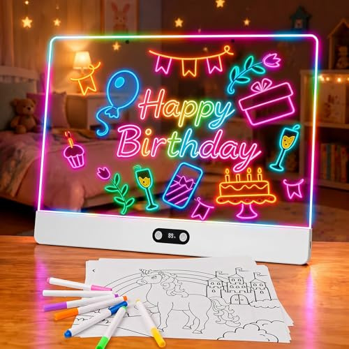 sylvwin LED Zeichenbrett Kinder, LED Maltafel Wiederaufladbar 35×26cm | Zeichenbrett mit 8 Farben & 3 Lichtmodi, Leuchtende Maltafel Kreatives Geschenk für Mädchen Teenager ab 6 Jahren Weiß