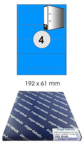 400 Ordnerrücken-Etiketten 192 x 61 mm BLAU selbstklebend auf DIN A4 Bögen (1x4 Etiketten) - 100 Blatt Pack - Universell für Laser/Inkjet/Kopierer einsetzbar - 192x61mm 4-teilig
