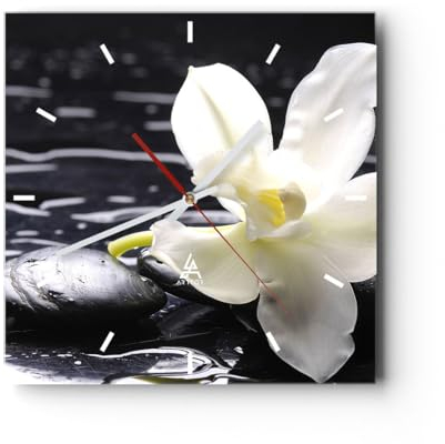 Modern Wanduhr Spa Orchidee Steine Wasser 30x30cm Quadrat Klein Wand Uhr Glas Analog Zimmeruhren Küche Büro Wohnzimmer Glasuhr Wall Clock Dekoration Design Wanddekoration Küchenuhr C3AC30x30-0444