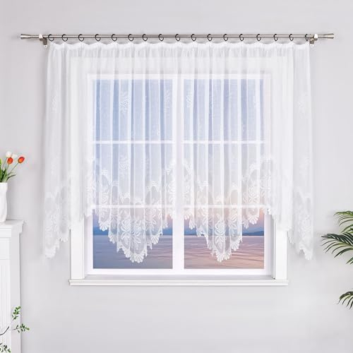 HeichkelL Transparenter Vorhang Jacquard Bogen Gardine Bandschal Universalband Store Kräuselband Wohnzimmer Schlaffzimmer Weiß HöhexBreite 180x450cm