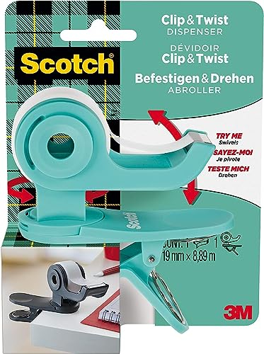 Scotch Clip & Twist Klebeband-Abroller C19, Grau + Scotch Magic Unsichtbares Klebeband, 1 Rolle (19 mm × 8,89 m) - Nachfüllbarer Klebebandabroller für Schule, Zuhause und Büro