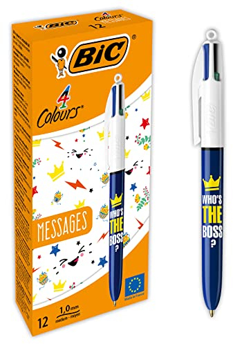 BIC 4 Couleurs Messages Stylos-Bille Pointe Moyenne (1,0 mm) - Motif « Who’s The Boss », Boîte de 12