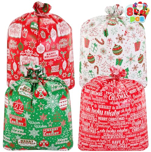 JOYIN 8 Jumbo Christmas Giant Goody Gift Bags 44” X 36” with Gift Tags for Holiday Treats, Oversize Xmas Gifts, Heavy Duty Party Favor Supplies, Large Goodie Bags