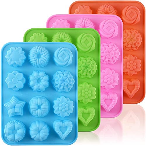 Silikonform in Blumenform, 12 Mulden, Süßigkeiten-Backform für Partys, Festivals und Bastelarbeiten, 4 Stück, grün + blau + pink + orange