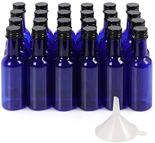 BELLE VOUS 24 Pack Mini Blue Liquor Bottles - Reusable Plastic 50ml/1.7 fl oz Empty Spirit Bottles with Black Screw Caps & Liquid Funnel for Easy Pouring/Filling - Miniature for Weddings/Parties