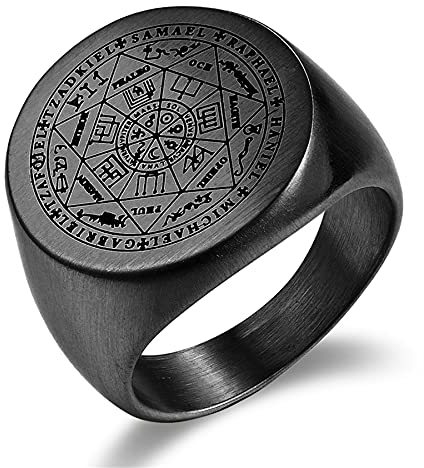 JewelryWe Schmuck Herren-Ring mit Gravur Edelstahl Siegel der Sieben Erzengel Siegelring Silber Gold Schwarz Größer 64mm