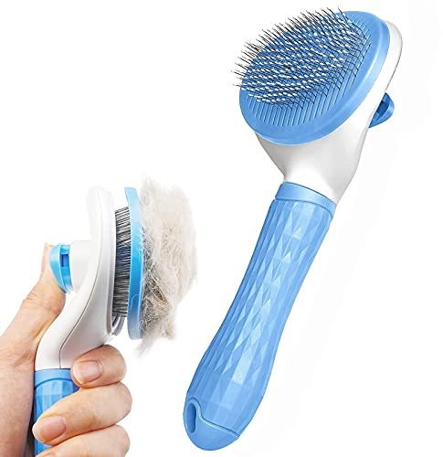 Elezenioc Dog Brush Cat Grooming Comb,Self Cleaning Slicker Brushes with Smooth handle,Pet Tool Button for Shedding Tools Massage Clean Tangled (Blue)