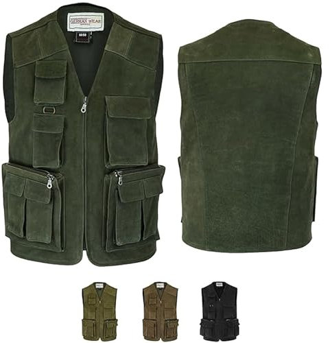 German Wear Herren Jagd Lederweste Jagdweste aus Nubuckleder - Freizeit 9-Taschen Angelweste - Outdoor Camping Multi-Taschen Angler Weste - Multifunktionsweste Tarnweste Dunkelgrün - 60
