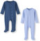 BINIDUCKLING Baby 2er Pack Druckknopf Schlafanzug, mit Fuß, mit Fäustlings Bündchen, Baumwolle - Langarm Baby Strampler Baby Pyjamas für Jungen Mädchen 6-9 Monate, Ozean Blau&Hell Blau