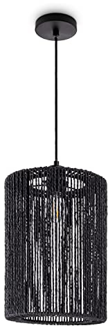 Paco Home Pendelleuchte Esstisch Papier Boho Hängelampe Esszimmer Lampe E27 Hängeleuchte Rattan, Farbe:Schwarz (Ø25cm), Leuchtenart___Farbe:Pendelleuchte - Schwarz
