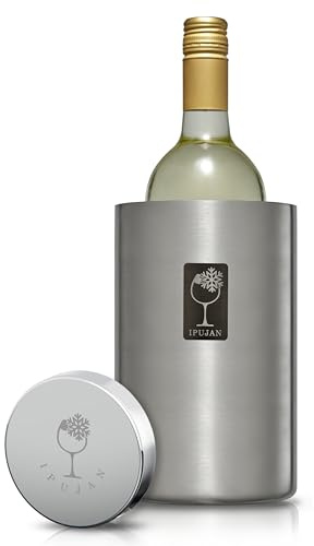 IPUJAN Wine Chiller Bucket with Stainless Ice Stone - Champagne Bucket for 750ml Single Bottle Cold up to 5 Hours - Iceless Insulated Double Walled White Wine Cooler Bucket (Silver)