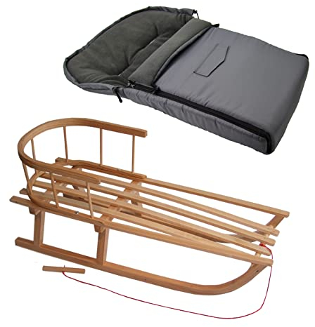Kombi-Angebot Holz-Schlitten mit Rückenlehne & Zugseil + universaler Winterfußsack (90cm), auch geeignet für Babyschale, Kinderwagen, Buggy, Thermofleece Uni (dunkelgrau + Schlitten)