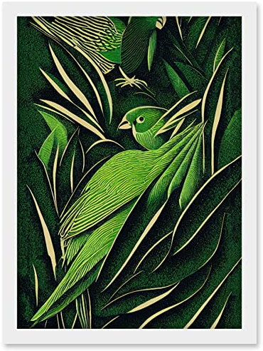 Wee Blue Coo Green Modern Vintage Retro Abstract Jungle Tropical Leaves Parrots Illustration Artwork Framed Wall Art Print A4