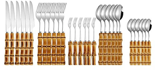 Set Di Posate Set Di Stoviglie In Bambù Manico Naturale In Acciaio Inossidabile Stoviglie Retrò Coltelli Da Bistecca Forchetta Da Tavolo Cucchiaio 30Pz