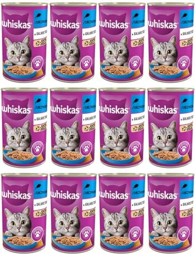Whiskas Katzenfutter Nassfutter Adult 1+ mit Thunfisch in Gelee, 12 Dosen (12 x 400g)