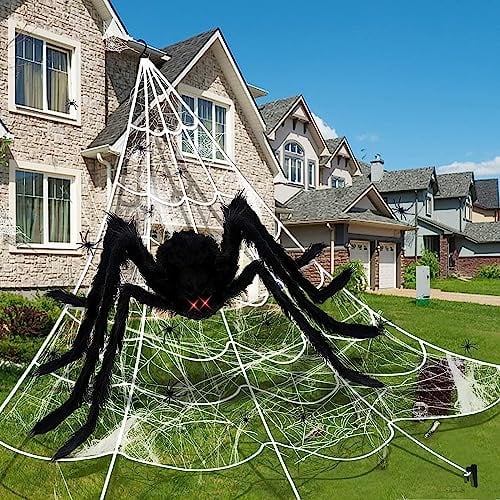 AMLOOPH Halloween Deko Outdoor Garten Gruselig Spinnennetz Groß Set, Spinnennetz Halloween Dekoration 5m + Riesen Halloween Spinne 1.5m +Mini Spinne + Spinnenweben Deko Halloween Party Horror Draußen
