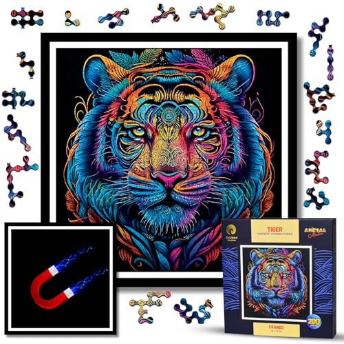 Holzpuzzle Mit Rahmen Für Erwachsene - Magnetische Holz Puzzle Tiere 200 Teile - Wooden Puzzle - Puzzle Holz Erwachsen Schwer - Wanddeko Wohnzimmer - Geburtstags Weihnachten Geschenke (Tiger)