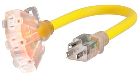 PlugSaf 1 FT 12/3 Gauge Outdoor Extension Cord with Multiple Outlets Light Indicator, Flexible Weatherproof 3 Outlet Heavy Duty Extension Cord Waterproof Yellow, 15A 1875W 12AWG SJTW, ETL Listed