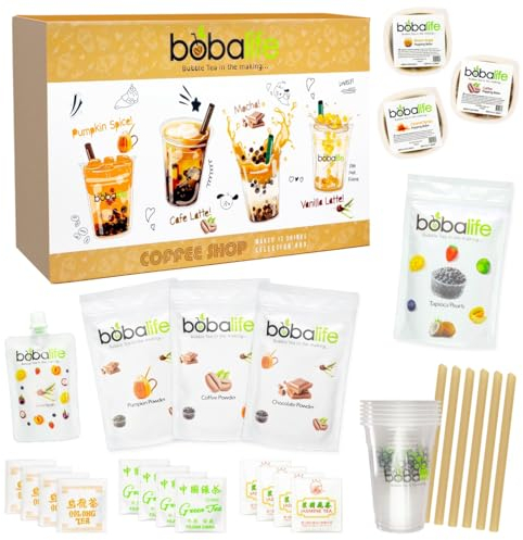 Bobalife Bubble Tea Kit - Coffee Shop Boba Tea Kit with Tapioca & Popping Boba Pearls - Vegan Gluten Free - Makes 12 Drinks - Gift