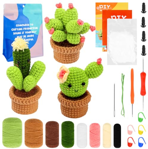 Encuryna Juego de ganchillo para principiantes, juego de iniciación de crochet de cactus, manualidades con agujas de ganchillo, hilo, relleno de fibra de poliéster, aguja de coser a mano