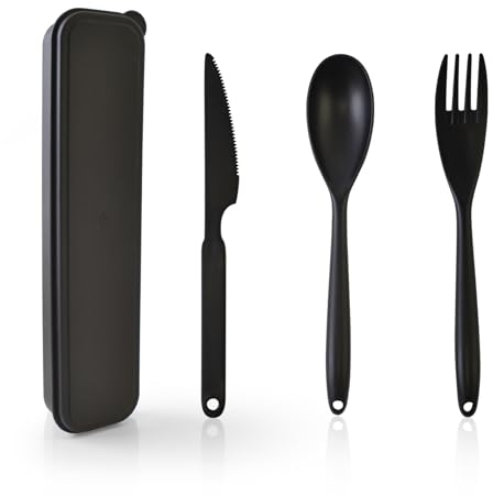 CUNTAUK Juego de cubiertos de viaje con funda, juego de cubiertos portátil grande de plástico reutilizable, tenedores de plástico, cuchara, vajilla, juego de cubiertos para camping, viajes, picnic, al
