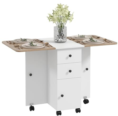 HOMCOM Table de Cuisine Pliable Table à Manger Pliante 2 Plateaux rabattables avec 2 tiroirs 1 Placard et 1 étagère de Rangement 120 x 60 x 76,5 cm - Blanc et chêne