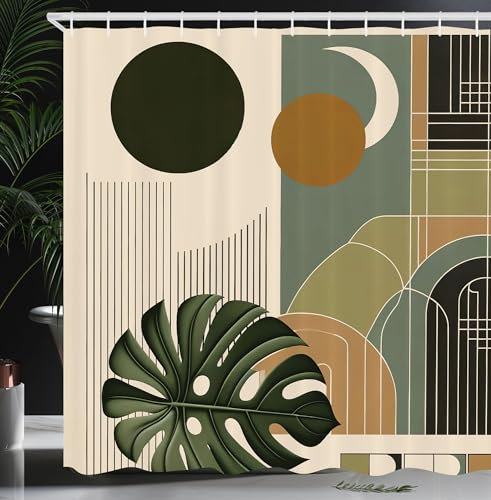 ABAKUHAUS Monstera Duschvorhang, Mond und Naturabstrakt Mid Century Boho Stil Vertikale Linien, Stoffliches Gewebe Badezimmerdekorationsset mit Haken, 175 x 200 cm, Beige Evergreen Sepia