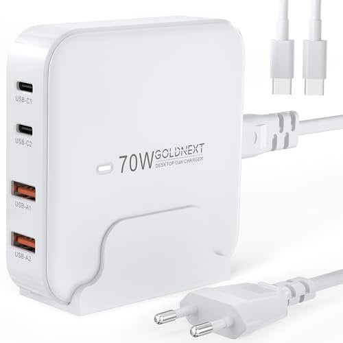 USB C Multi Charger GOLDNEXT 70W Plug GaN Fast Desktop Charger 4-Port Laptop Charging Station Compatible with MacBook Air/Pro, Dell XPS 13, iPhone 16/15/14, iPad, Galaxy S24/S23, Pixel 9, Steam Dec