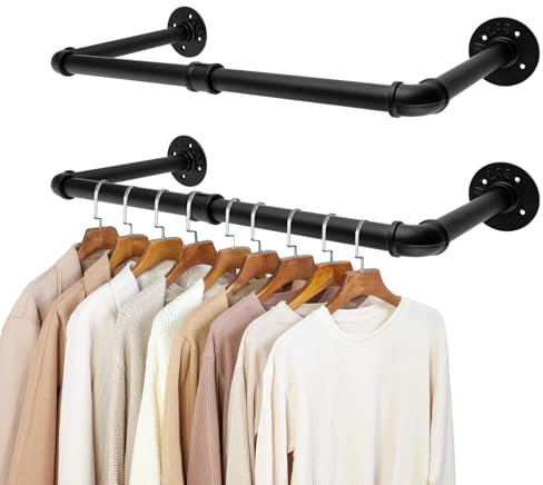 Oungy Kleiderstangen Wandmontage Schwarz 2er Set Industrial Kleiderstange Wand 60cm Schwarz Garderobenstange Wandmontage, Kleiderständer aus Metall Kleiderstange für Schrank, Waschküche