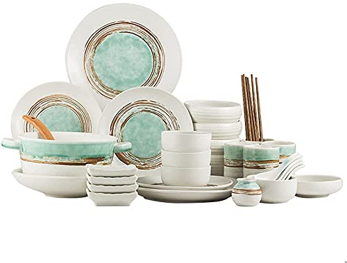Klassische 34-teilige Geschirrsets, kreatives grünes Porzellangeschirrset mit Tellern, Schüsseln und Tassen, Keramik-Geschirrset für die Küche und das Esszimmer zu Hause, Mikrowelle und Spülmaschine