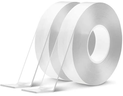 10M Doppelseitiges Klebeband Extra Stark, 2 Rollen Double Sided Tape, Nano Tape Spurloses, Transparent Klebeband, Wiederverwendbares Klebebänder für Bücherregal, Bilderrahmen, Teppich, Küche, Zuhause