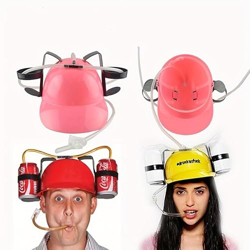 SZHXVIVISY Creative soda beer drinking helmet lazy drink drinking hat for sports events beer cap with hose and can holder hands free party drink dispenser (Pink)