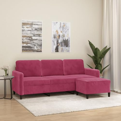 Willood 3-Sitzer-Sofa mit Hocker Weinrot 180 cm SamtMit dickem Kissen, Fußhocker Polster